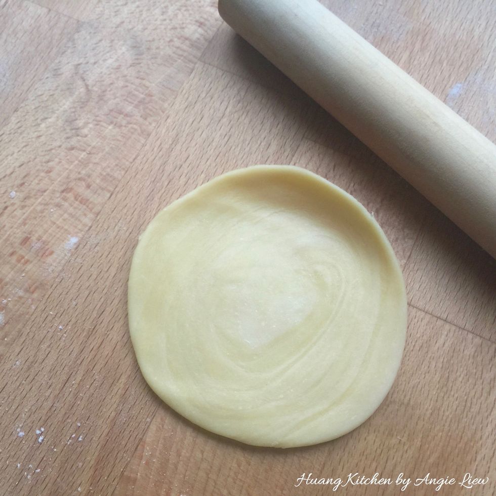 To flatten each half of the cut dough, place cut side DOWN on lightly floured surface. Using a rolling pin, press it flat and shape into a round shape with circles.