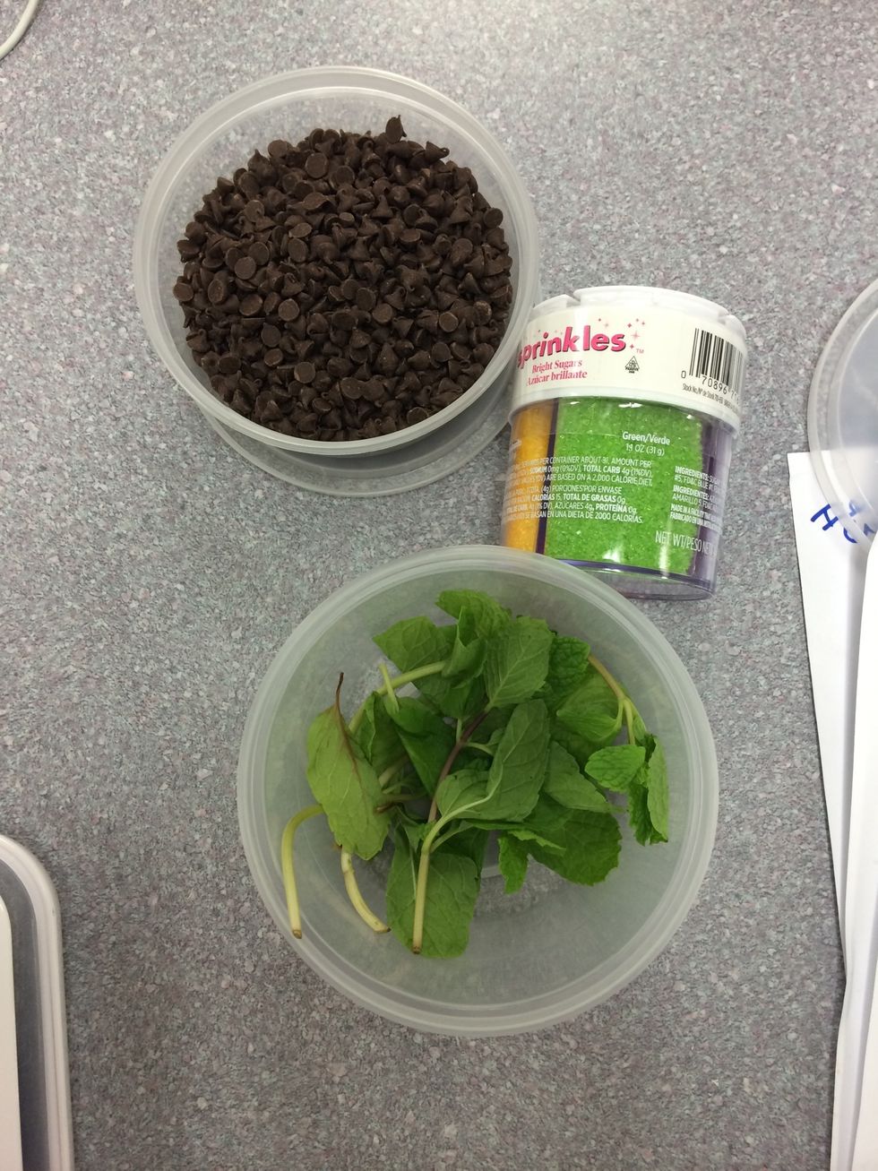 To garnish your frosting use mint leaves (1 leaf per cone), miniature chocolate chips (desired amount, can have more or less), and green sprinkles. Make sure each cone looks uniform and the same.