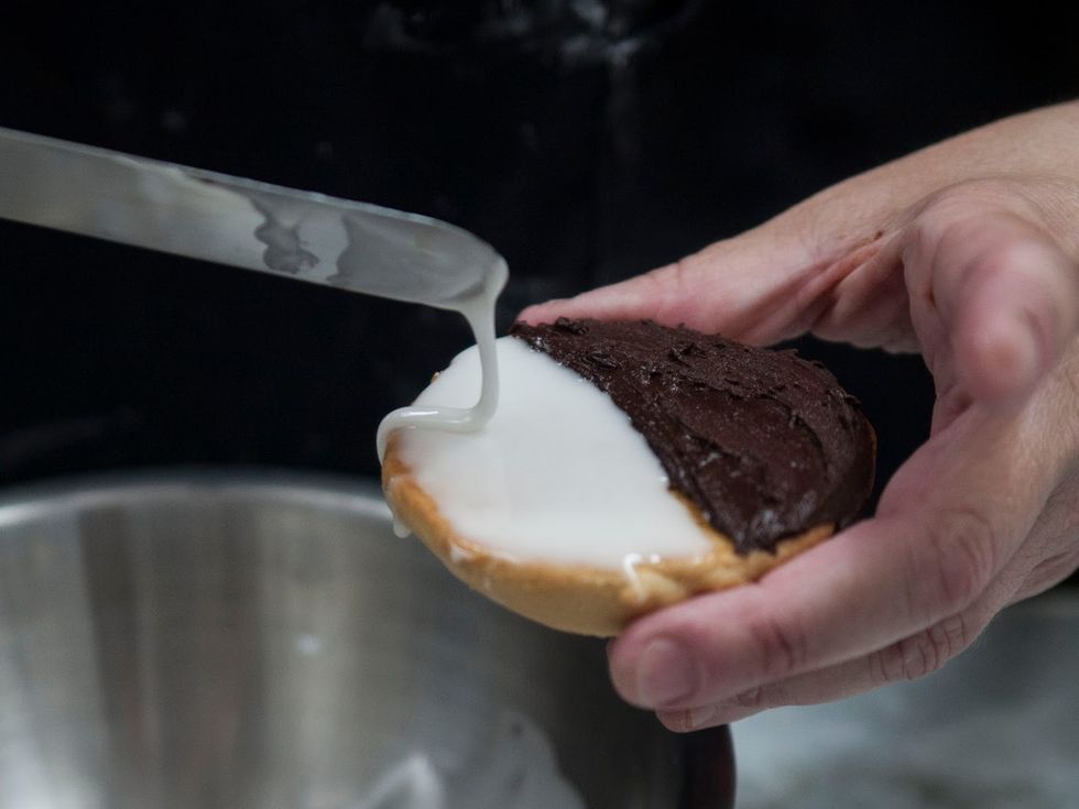 To get a smooth line of frosting, dip your frosting knife in some cool water. Oh, and Alan says don't be stingy with the frosting. It should be thick.