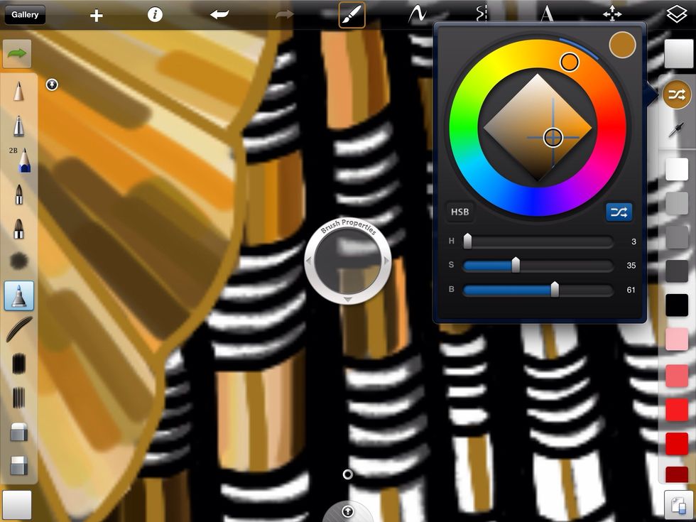 To get all of the unique color options for a metallic look I turn on the randomize color option. This allows me to paint different colors in a given shade. I adjust it to stay within gold.