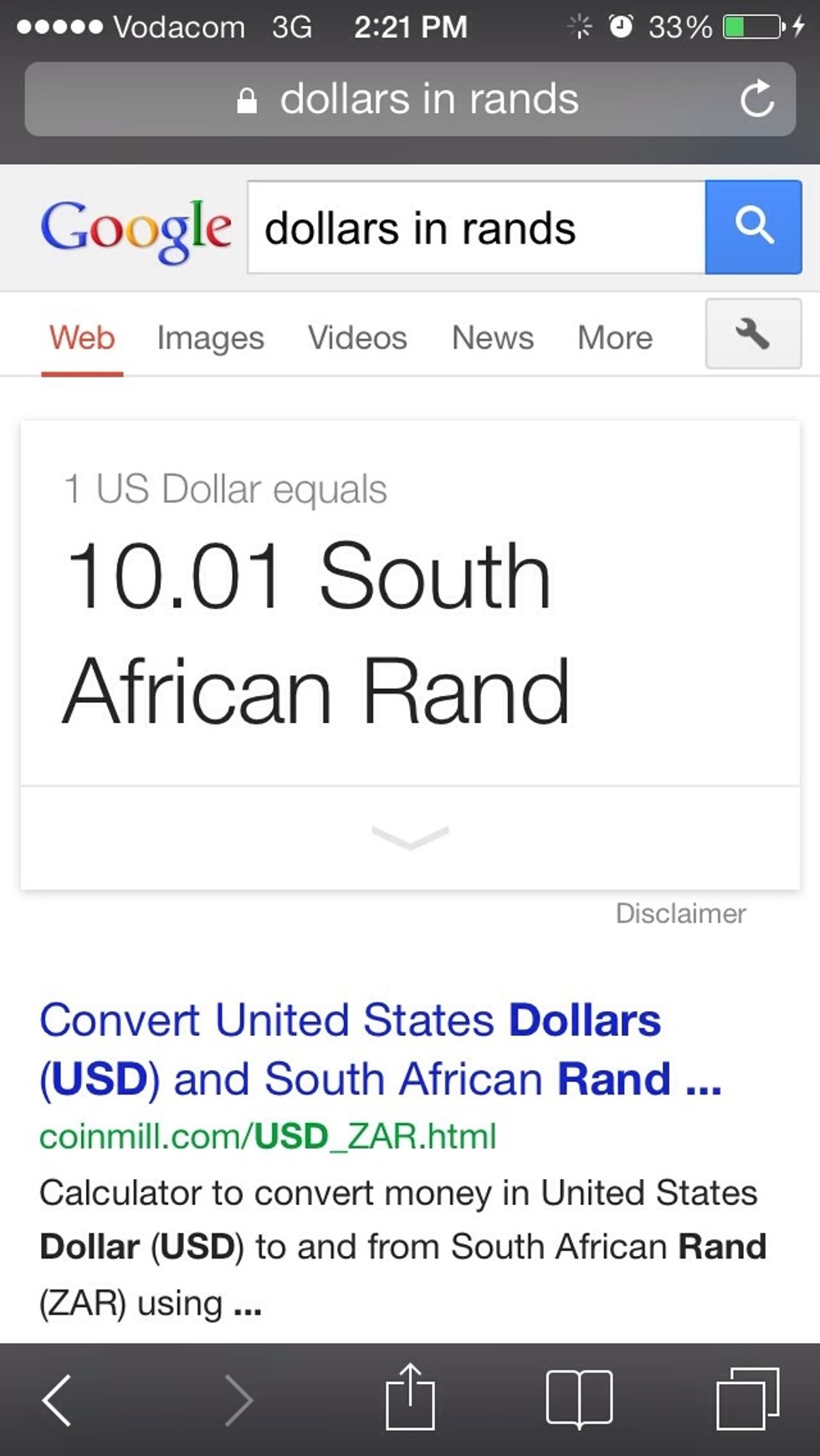 To get currency conversions just type currency 1 to currency 2. For example to find dollars to Rands just type "dollars in rands".