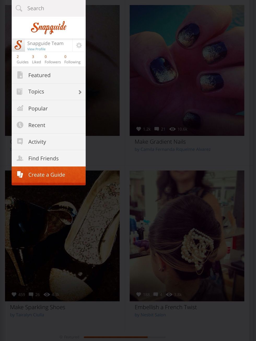 To get started, tap the orange Create a Guide button at the bottom of the navigation bar.