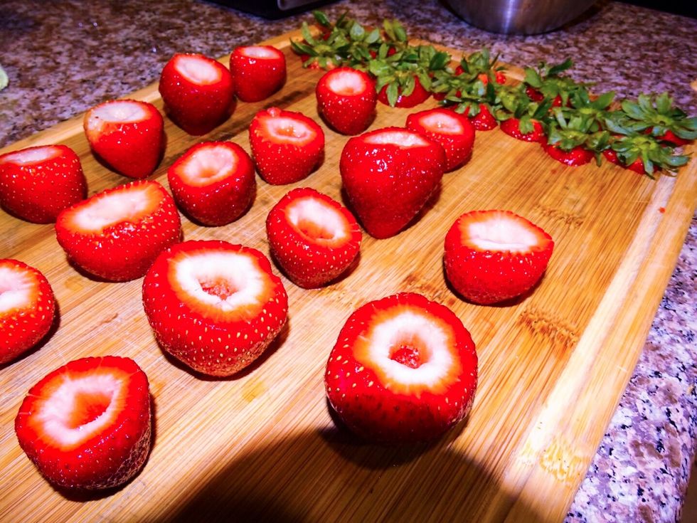 To give you a better idea of what the strawberries should look like once they are ready for filling! I cut small pieces off the bottom as well, to make them stand up. \ud83d\udd2a\ud83c\udf53