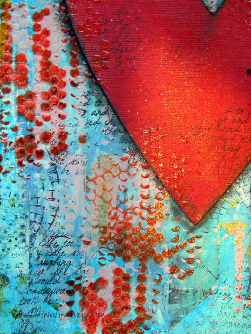 To incorporate the heart into the canvas, I added some of those red sparkly dots of happiness to the heart using the circle stencil and the Coral Sorbet.