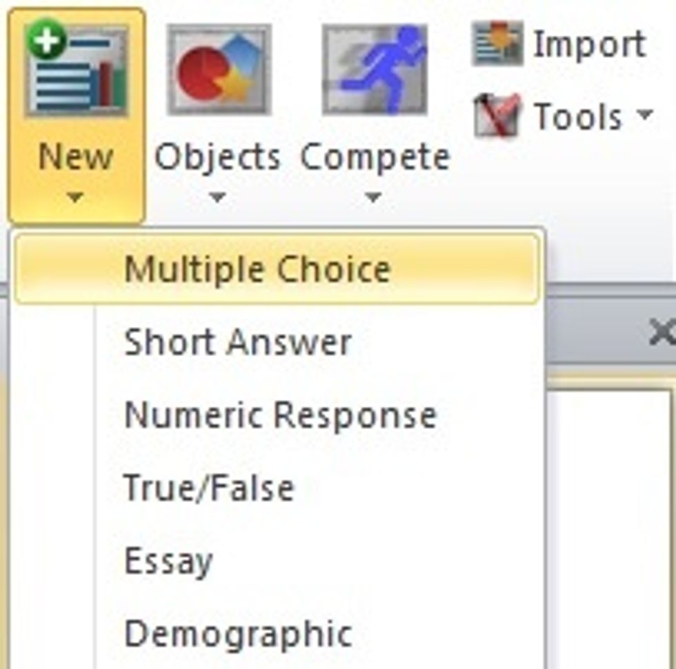 To insert a new question, click New and then select the type of question you'd like to ask. Multiple Choice will give you a blank template to work with.