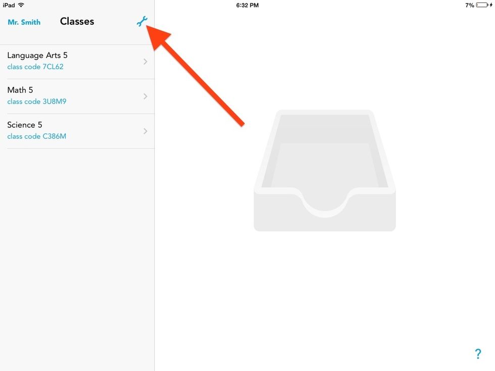 TO JOIN ANOTHER TEACHERS CLASS: With your fellow teacher's class code in hand, tap the wrench at the top of your listing of classes.