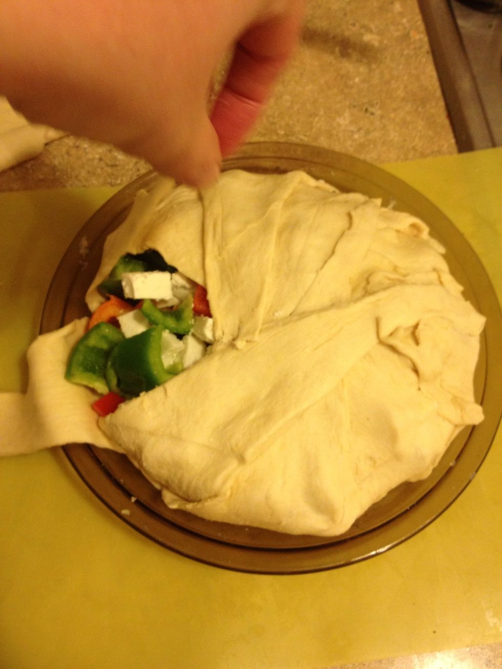 To keep from having uncooked dough you can roast or place veggies in a nonstick skillet on the stove to sweat them out first.