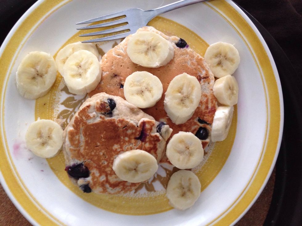 To kick up the yum factor and healthiness of this dish even more, why not top your pancakes with banana slices instead of syrup? Mmmm :)