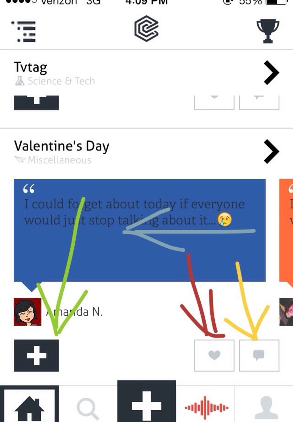 To Knotch on a topic you see in the stream, tap the "+" below that topic (green arrow). To like the Knotch of the person, tap the \u2764\ufe0f (red arrow). To comment on the Knotch, tap the \ud83d\udcac (yellow arrow).