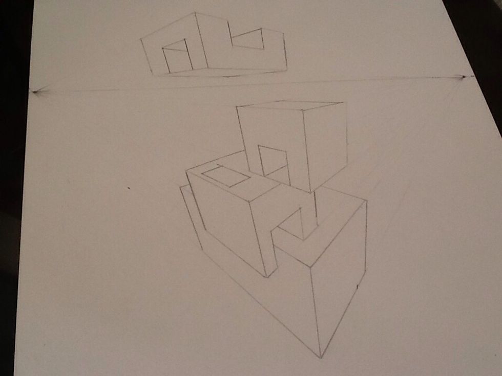 To make an opening on top of a box, draw lines to both vanishing points on your horizon line.