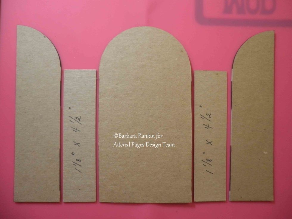 To make book spine, cut two extra pieces of chipboard to 1-\u215b" x 4-\u00bd". Place between the door panels and center panel, as shown.