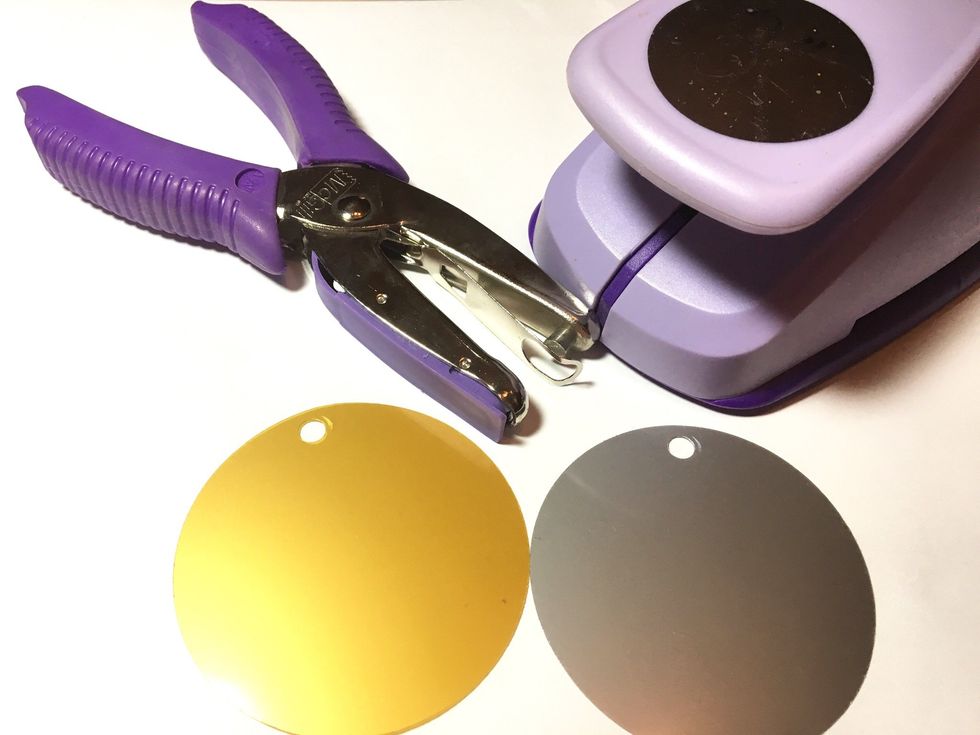 to make charms, start by punching circles from Gold & Silver Shrink Film, and punch hole at top. be sure you use at least a 1/4" hole Punch as hole will shrink considerably.
