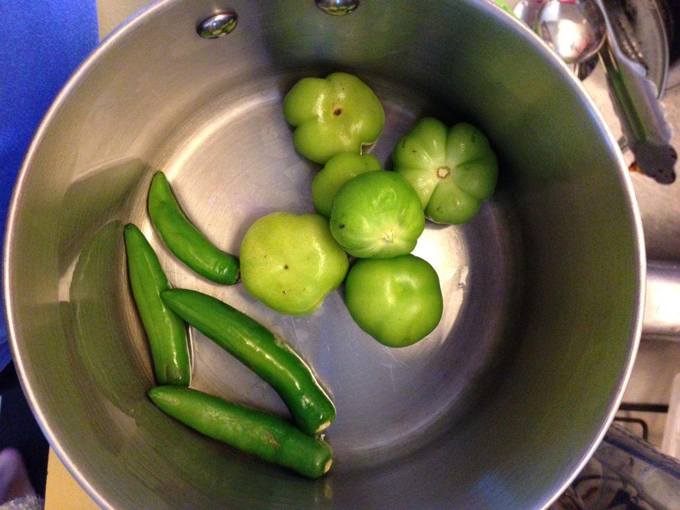 To make green salsa, boil 6 tomatillos and 4 serrano peppers. If you like spicy salsa use more serranos/less tomatillo. My hubby doesn't enjoy spicy food as much as I do so I use more tomatillos.