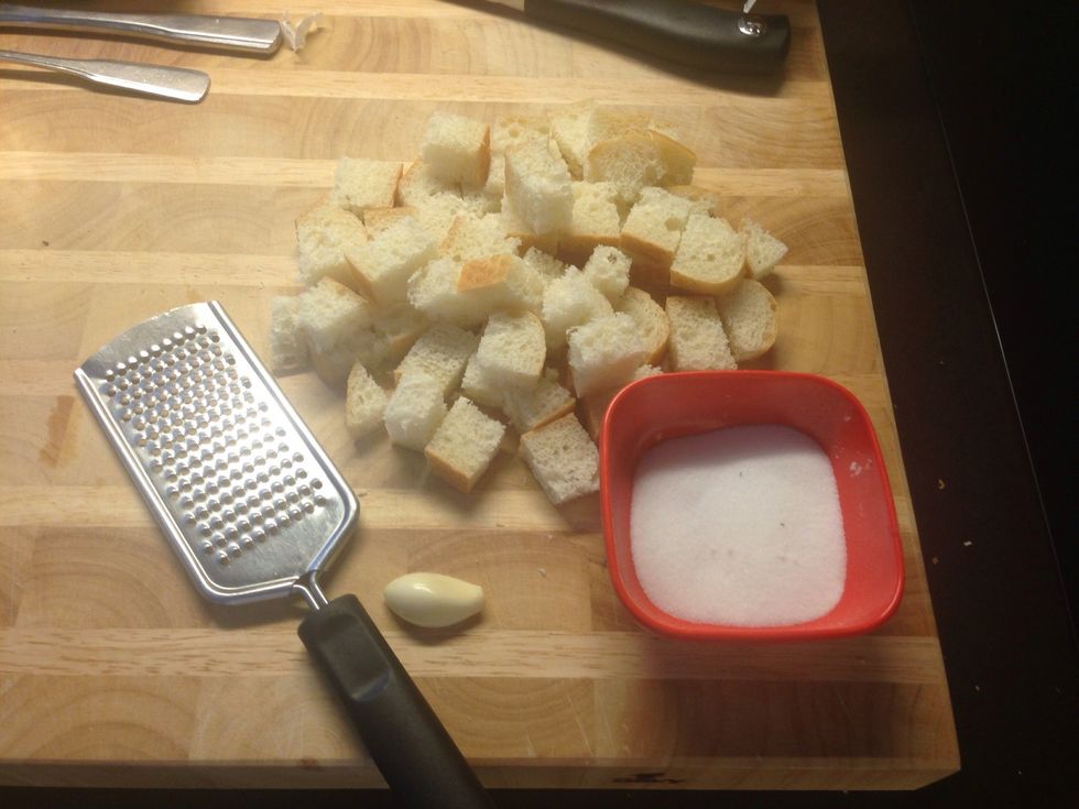 To make homemade croutons, cube cut small bun of bread, and fry in some olive oil at med high heat