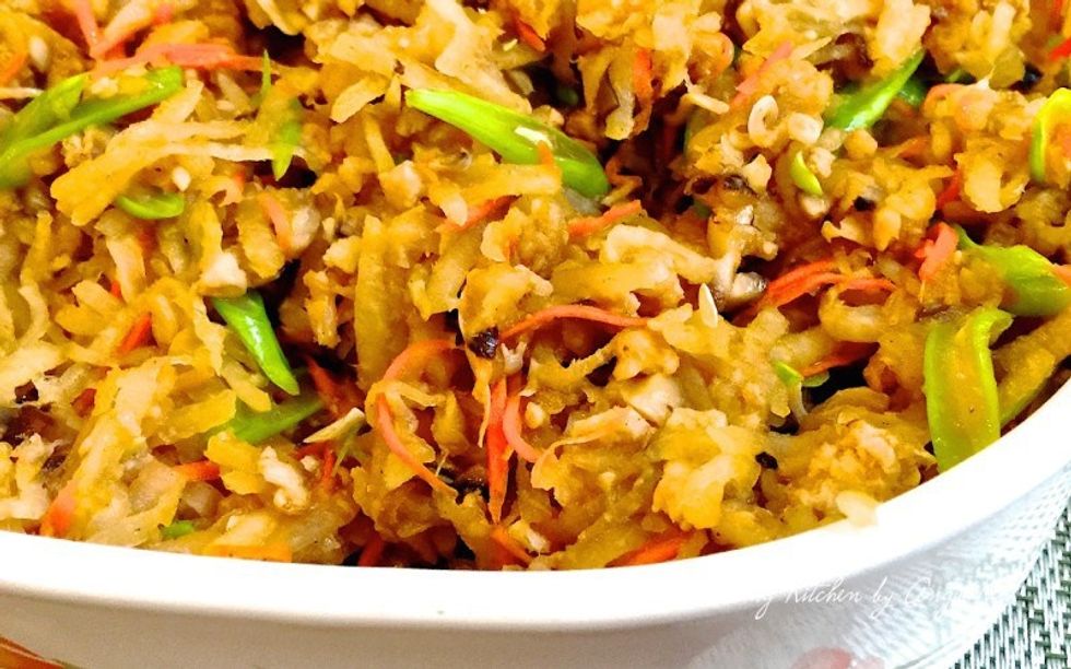 To make steamed yam bean dumplings, you can start by making the savory yam bean filling first. The full recipe for this is at www.huangkitchen.com/stir-fry-savory-turnip-fillings.