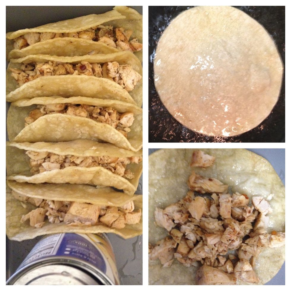 to make taco hard shells, we heat oil in a pan, insert a corn tortilla, wait for it to bubble, flip - it should be LIGHT golden brown. take out and quickly fill with shredded chicken.