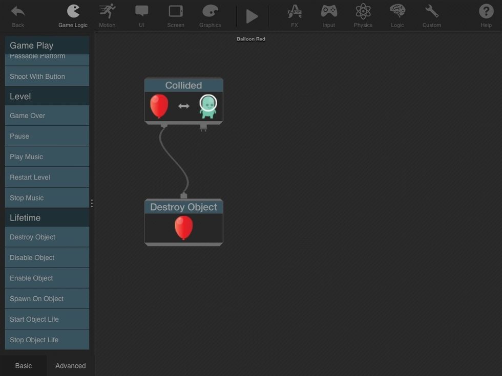 To make the balloon destroy when the green space man collides with it, you just drag from the COLLIDED behavior to the DESTROY OBJECT behavior.