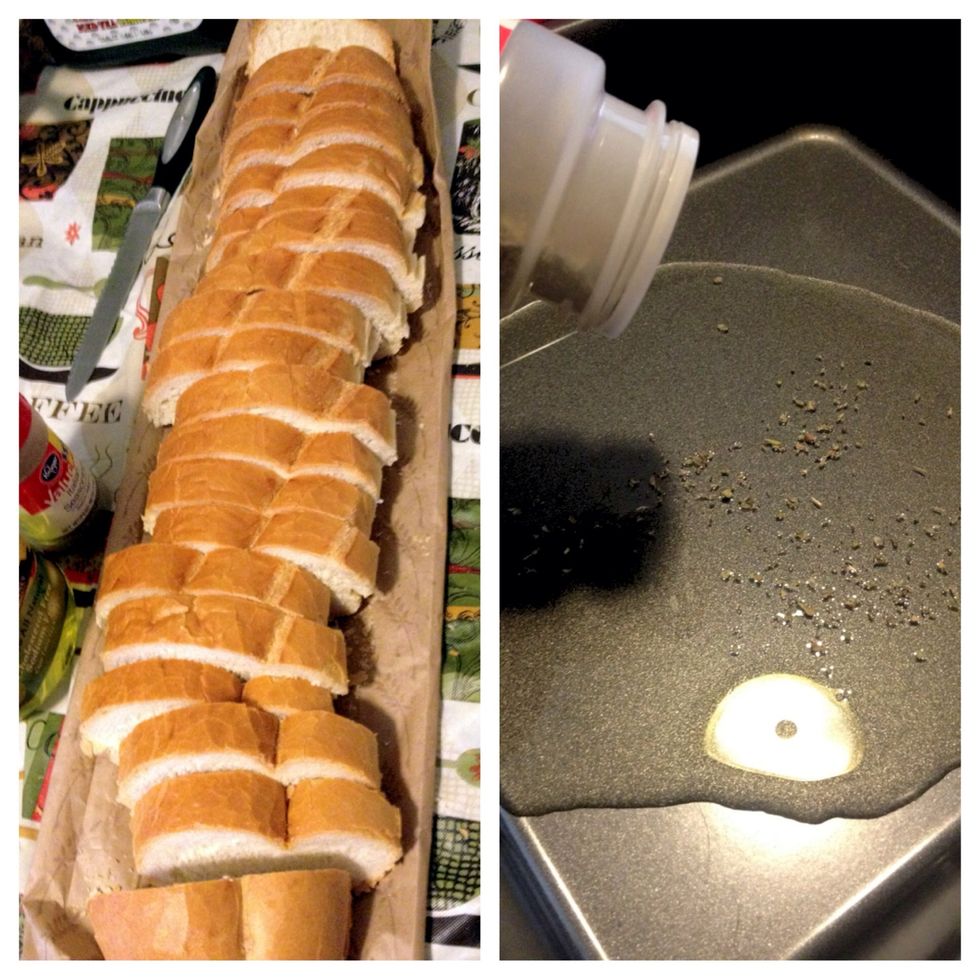 To make the bread is far more easy! Cut a loaf of French bread in about inch pieces. In a separate pan pour olive oil and sprinkle some Italian seasoning into the oil.