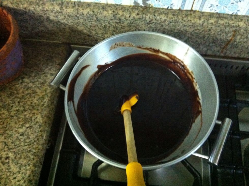 To make the chocolate ganache, place the chocolate and room temperature cream over a double boiler (water bath) over simmering water and stir untill chocolate melts and is smooth