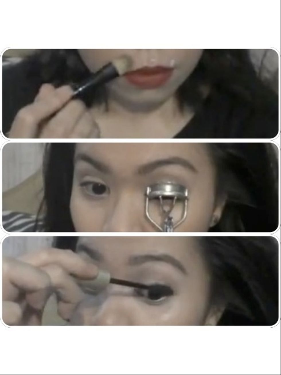 To make the color pop and define my lips, I applied concealer around my lips' area with a small foundation brush. Curl lashes and apply mascara.