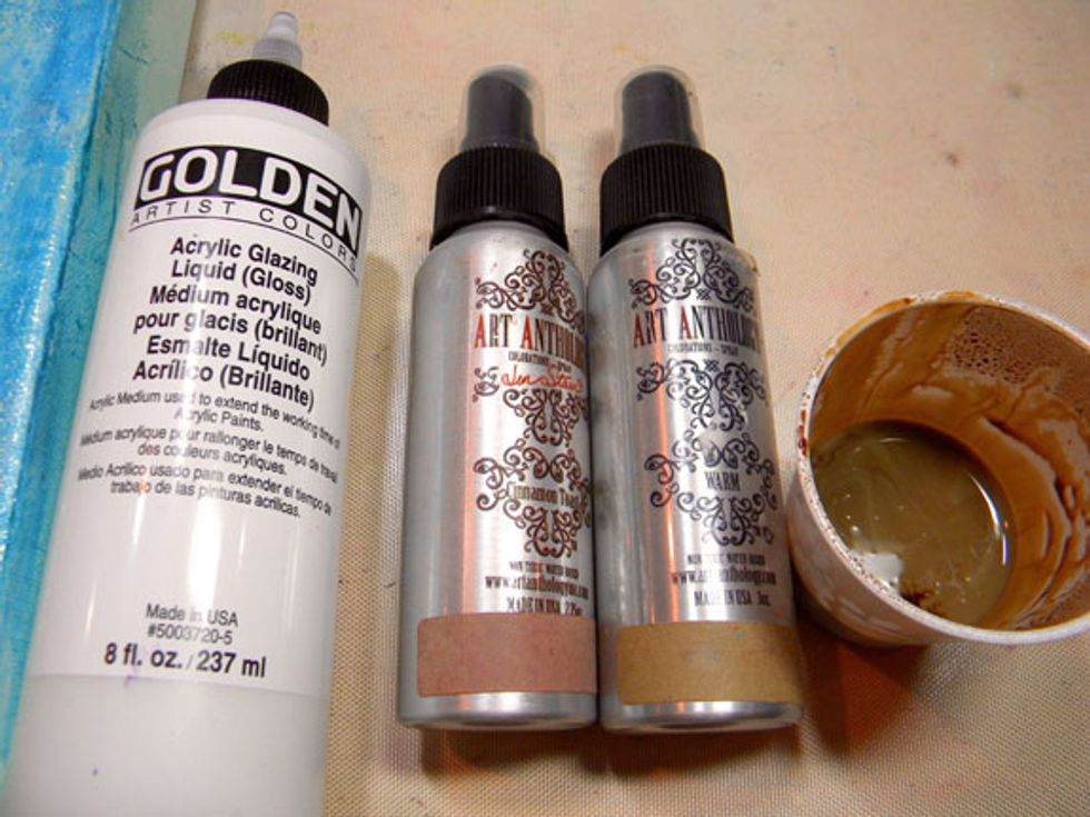 To make the cracks stand out, I made a glaze by mixing Warm and Cinnamon Toast Colorations sprays with Acrylic Glazing Medium in a small cup, about 50% of each.