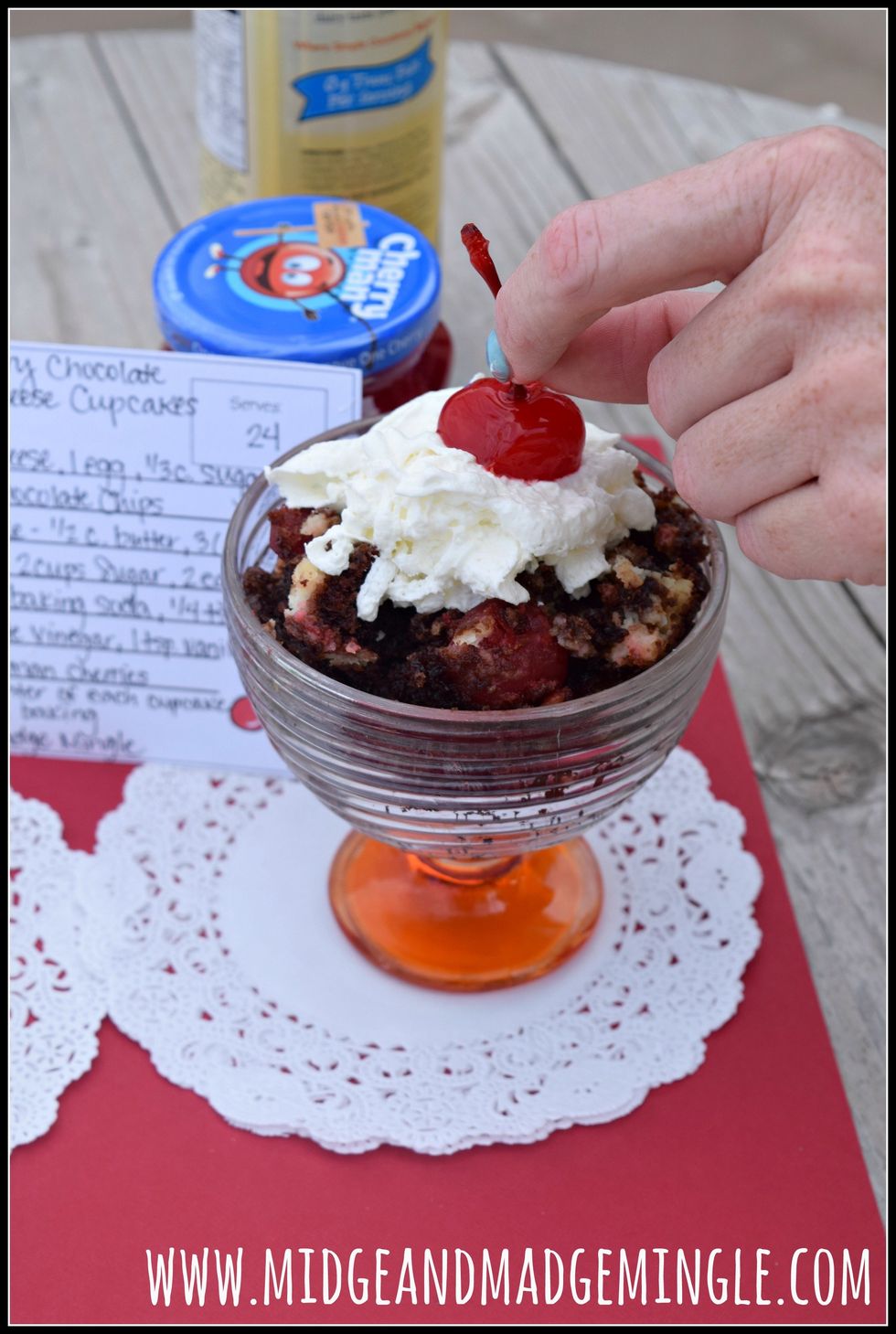 To make the Crumble- Take two cupcakes out of wrappers, crumble into dish, add whipped cream, sprinkles and a Cherry Man Maraschino Cherry on top. Serve and enjoy!