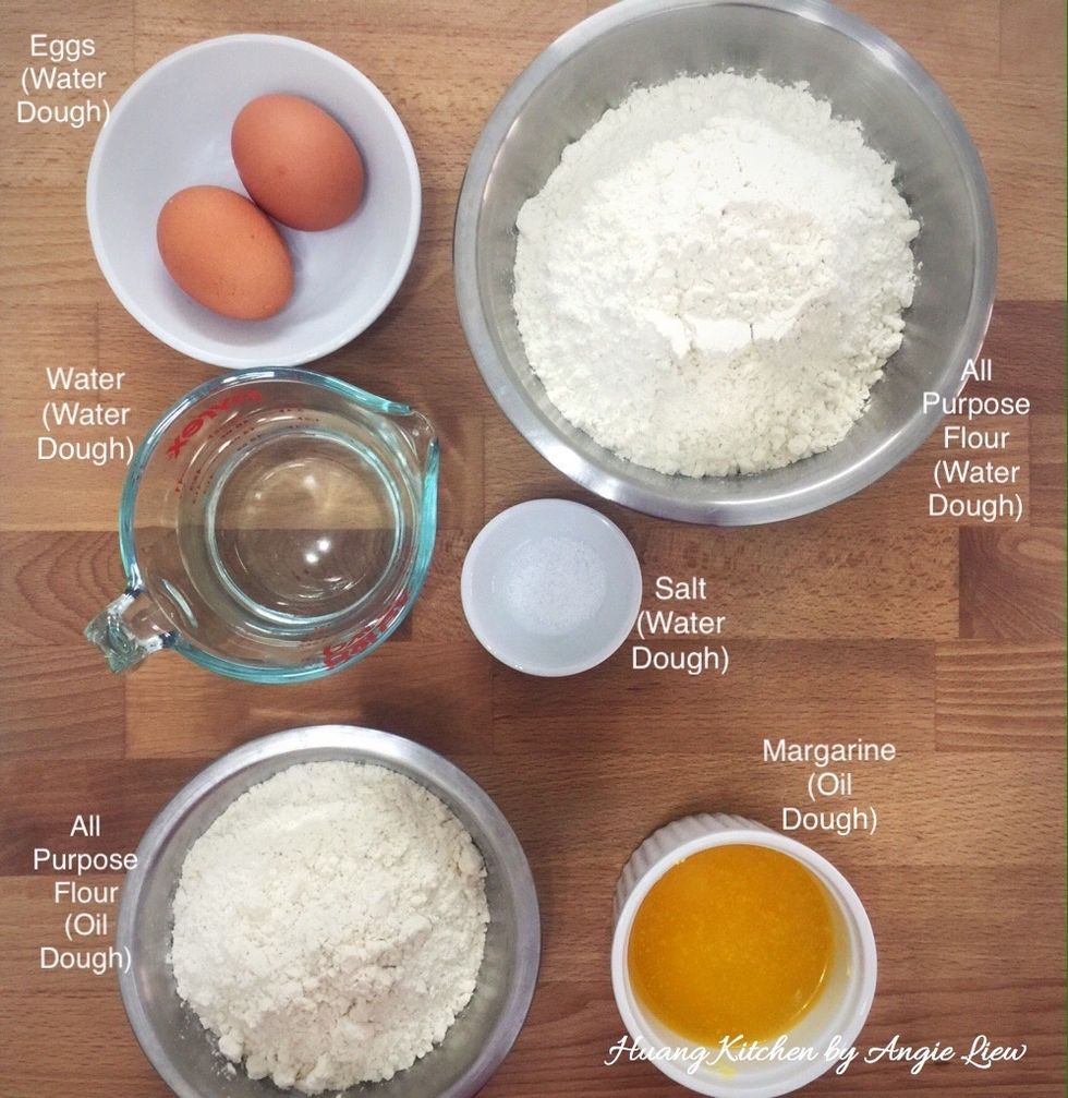 To make the curry puff pastry, have ready the WATER dough (flour, salt, eggs and water) and OIL dough (flour and melted margarine).