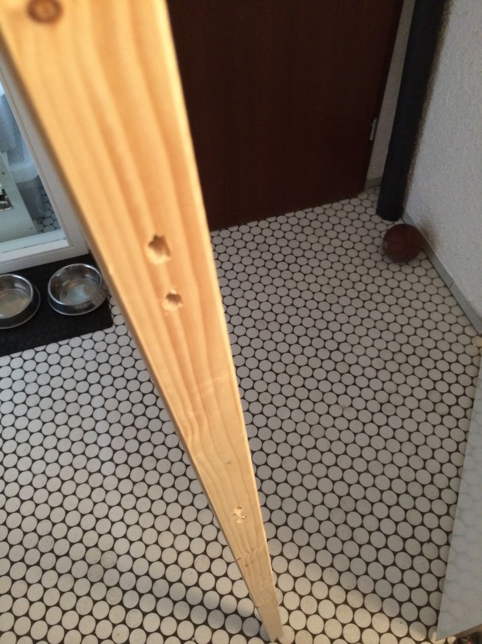 To make the drilling easier we used a wooden pole (8 foot long), measured and then drilled the holes in it.