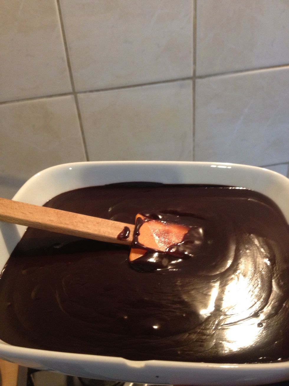 To make the frosting, heat the cream and plain chocolate slowly in a pan until thoroughly melted and mixed. It should have a very glossy look. I forgot to take a pic of this in the saucepan!