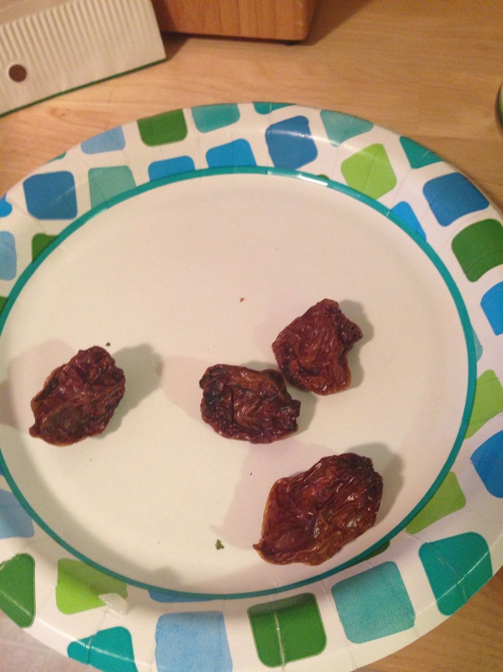 To make the habanero paste, get 4 habanero peppers. I used dry peppers. A good place to find them is in the Spanish spice aisle. Be careful of touching your face and eyes when handling.