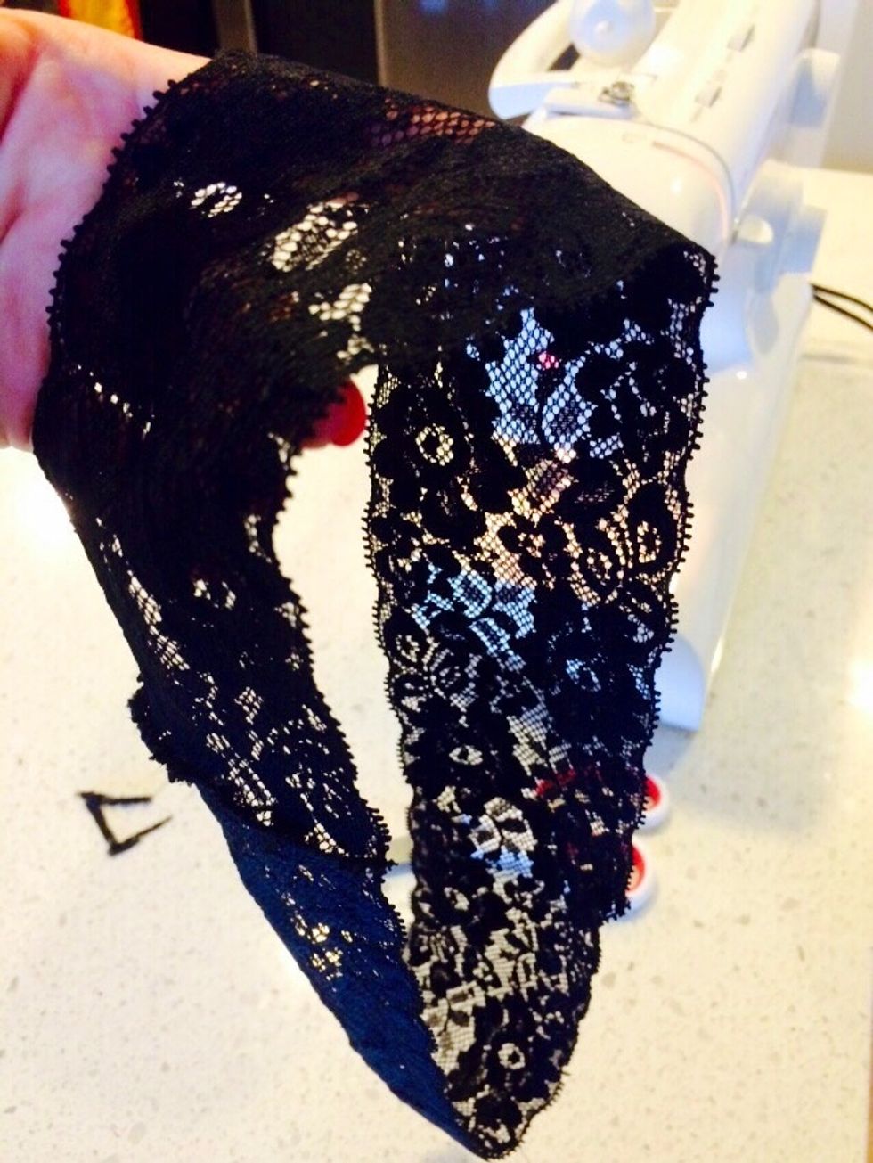 To make the waist band, lay the two lace pieces on top of each other and pin the ends. Either serger or use the zig-zag stitch to sew both ends. When you're finished it will be a fully closed loop.