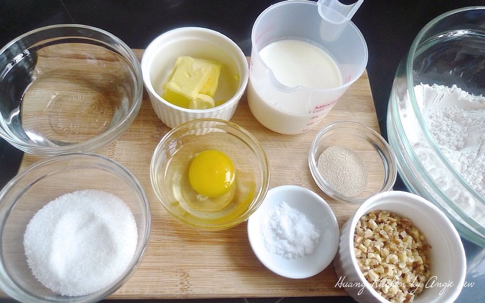 To make these fluffy and buttery cinnamon rolls, first measure all the ingredients needed.
