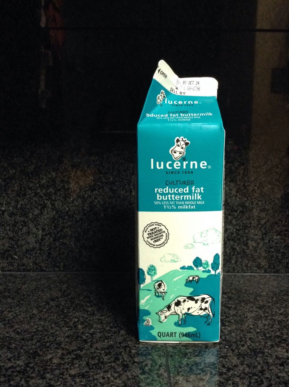 To make your batter,take two cups of buttermilk and pour it into your mixing bowl.