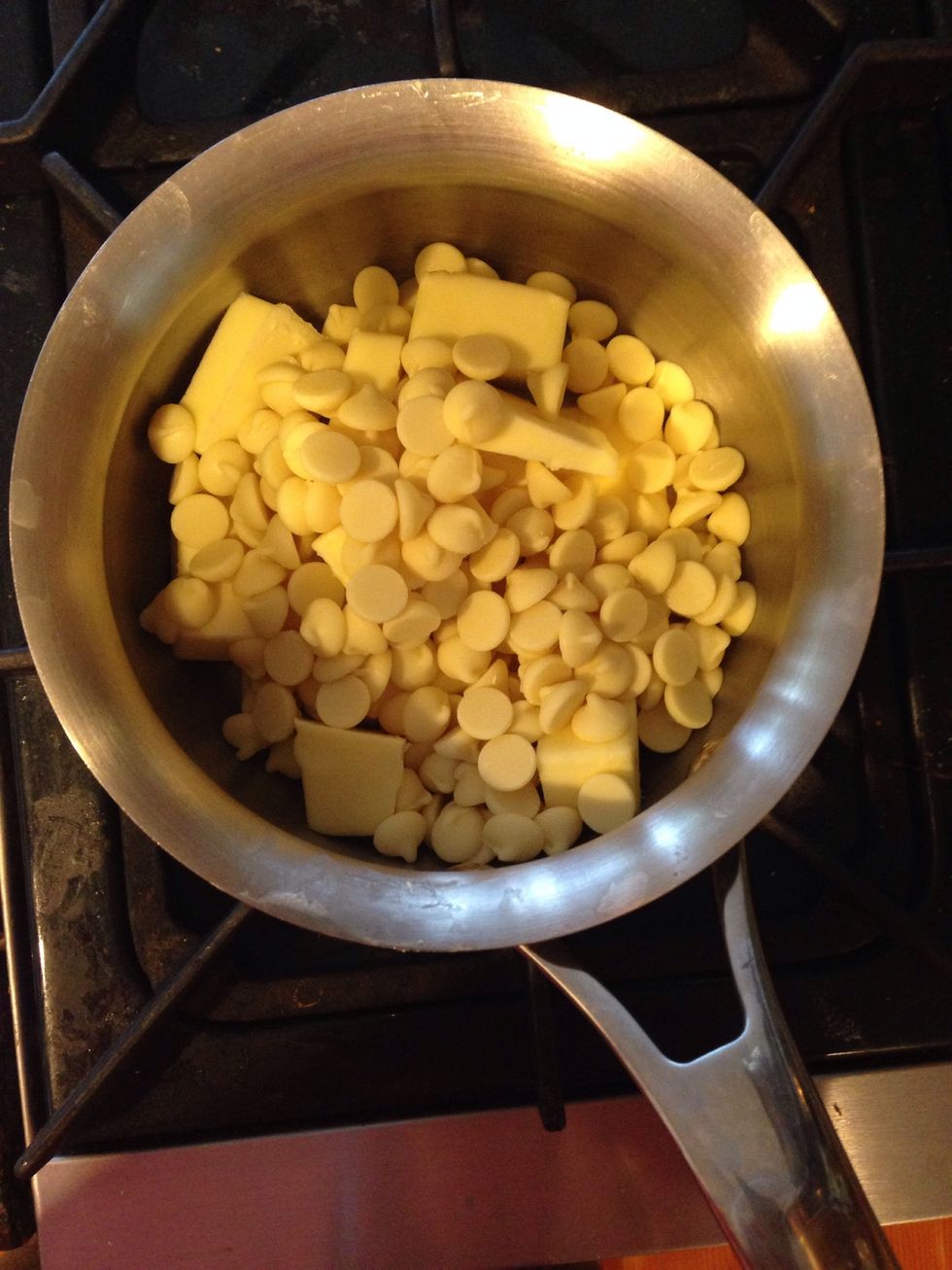 To make your white chocolate buttercream melt white chocolate and butter in a pan.