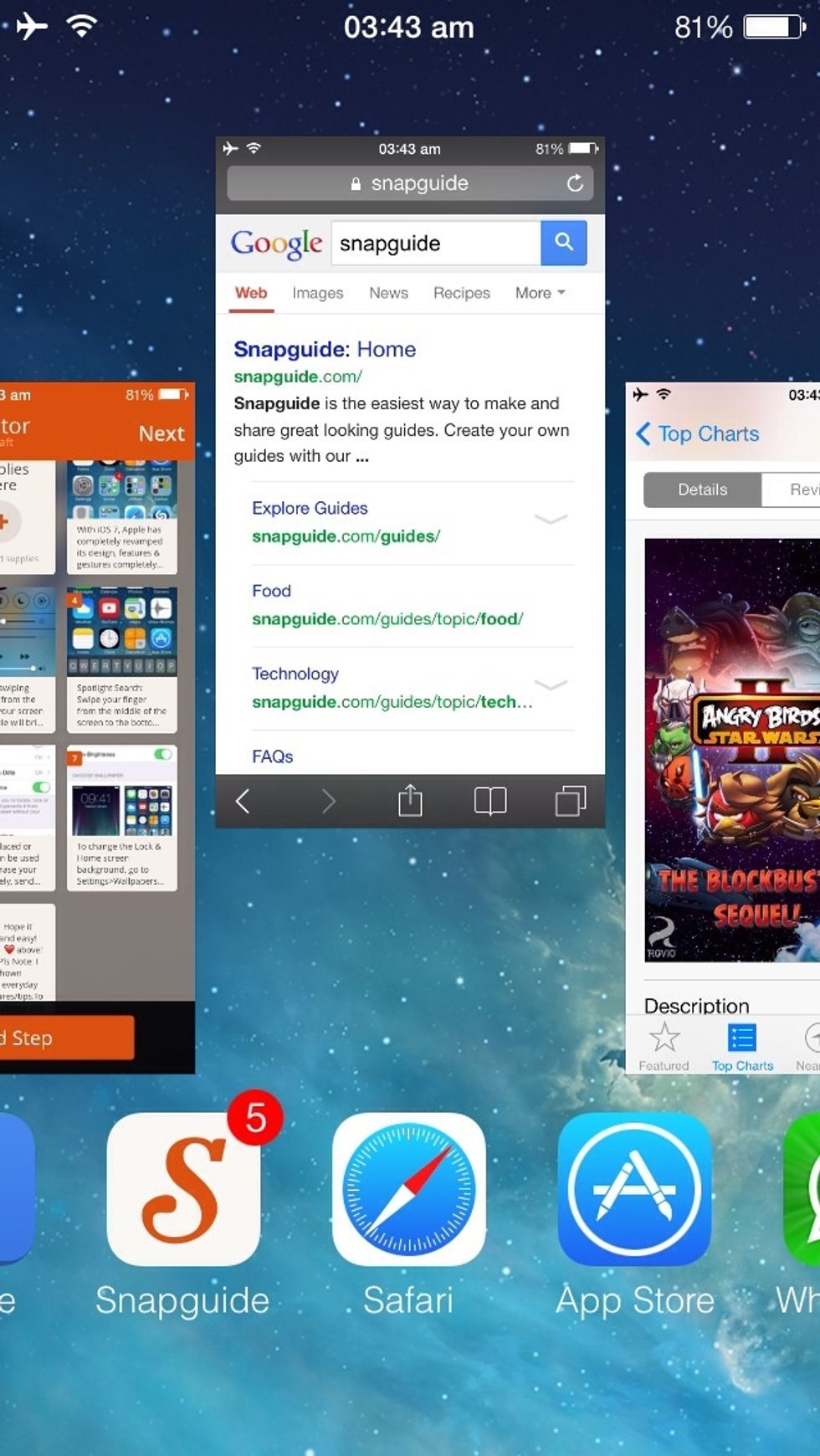 To Multitask/Close an App, double click the home button to bring up the multitasking window.To switch to another app,just click on it.To close one,swipe the app up to the top & it will close.