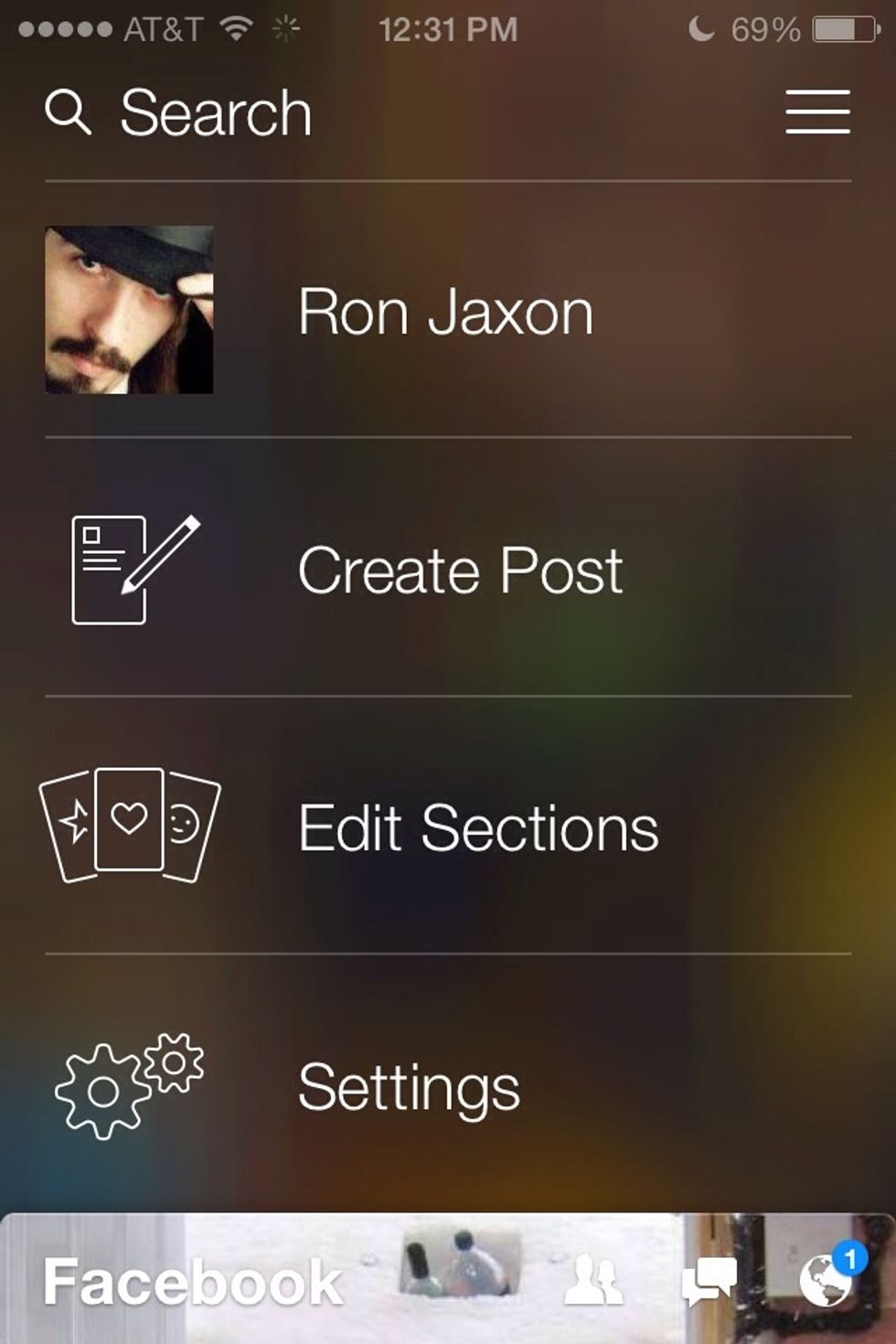 To open the menu swipe down on the upper half of the screen (see police cars in step 6). Here you can post to Facebook, open your timeline and adjust app settings.