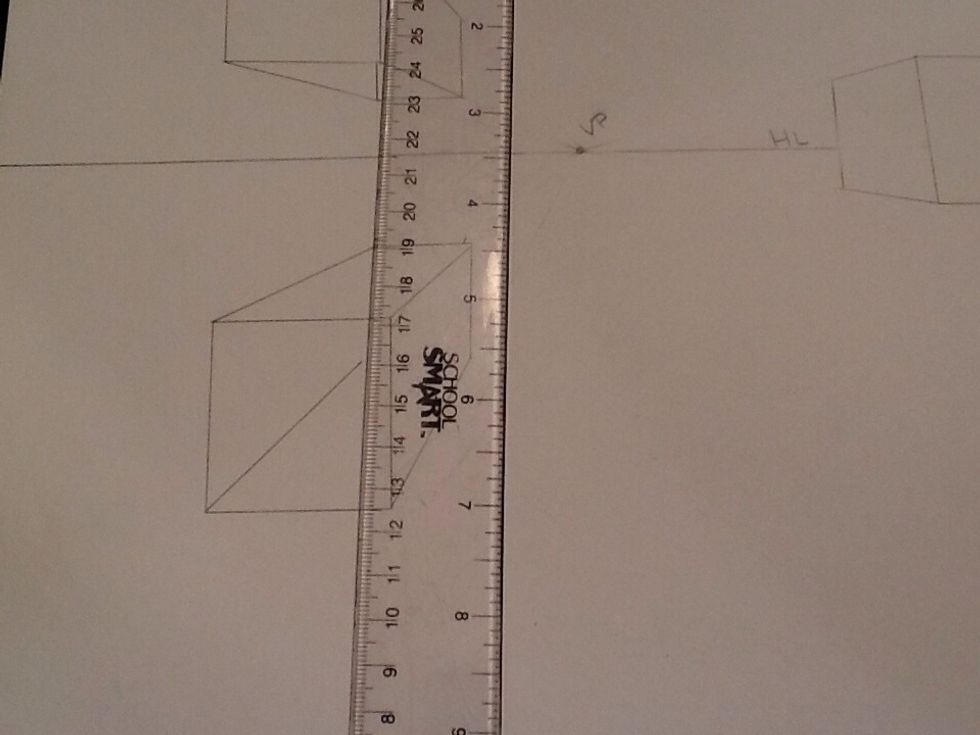 To open your box, line up the only corner not connect to the vanishing point and draw a line- your line should stay in. Your original shape. Line your ruler up with the back of the box.