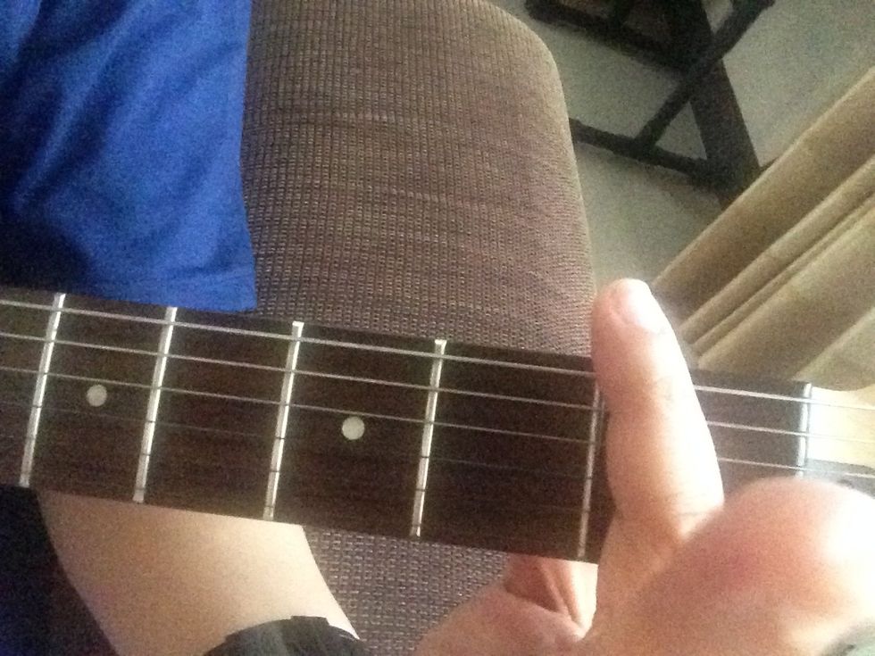 To play it, bar your first finger on the first fret. "Bar" means to lie down the finger in the first fret. Making sure that the 6th string (thickest) and first, second string to ring out when played