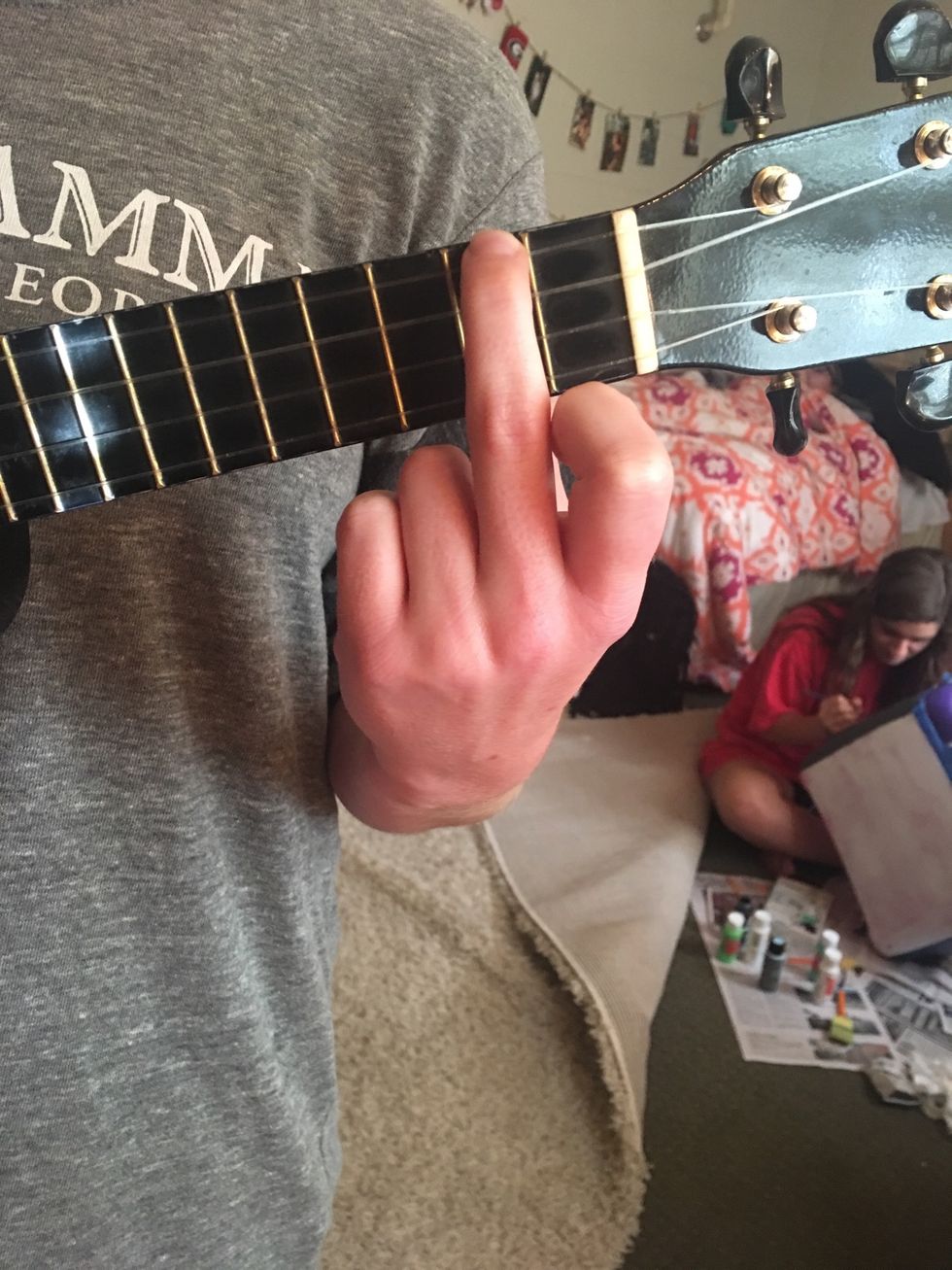 To play the Am chord, you place your middle finger on the top string, 2nd fret.