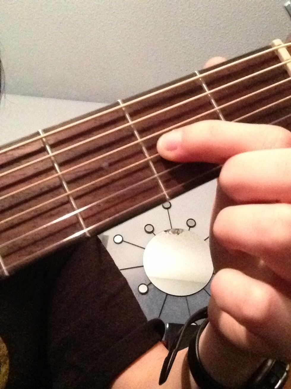 To play the chord D, place your pointer finger on the second fret of the G string.