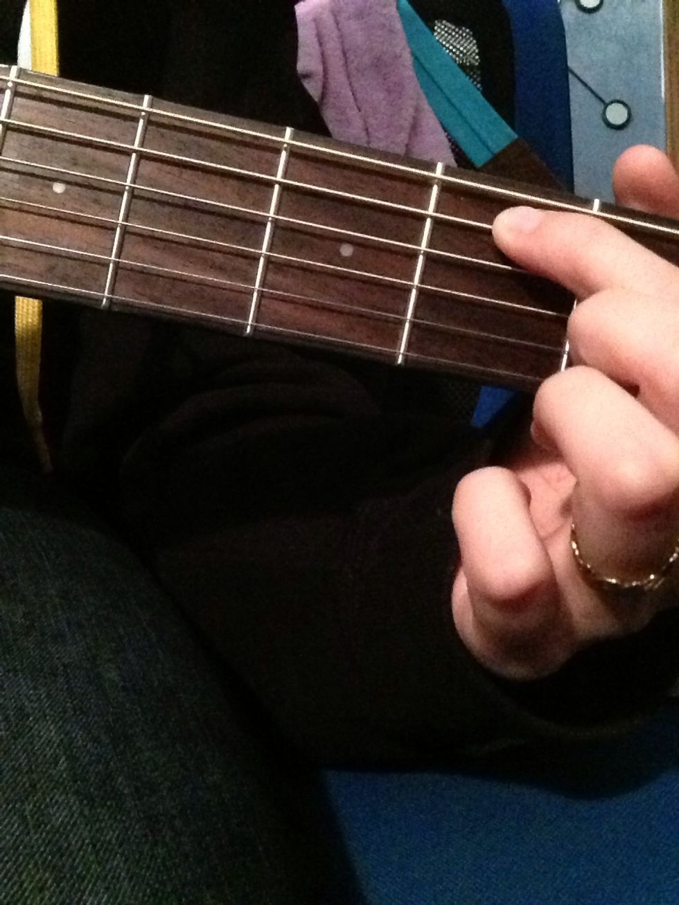 To play the Em* chord, you need to place your pointer finger on the A string. Make sure it is on the second fret. *minor