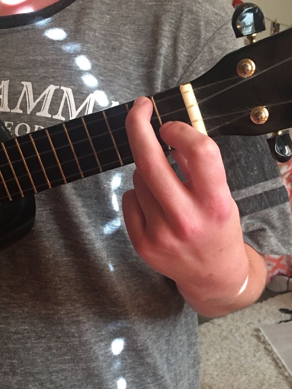 To play the F chord, you place your middle finger on the top string, 2nd fret. Then, you place your pointer finger on the 3rd string, 1st fret.