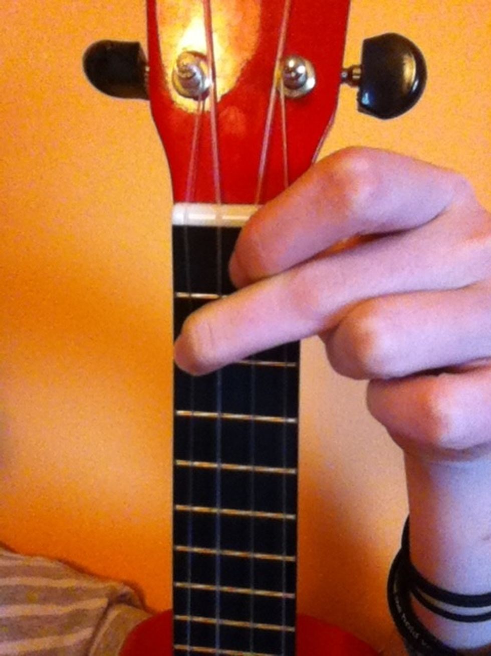 To practice, I will be using the F chord. This is the second fret of the E string and the first fret of the D string.