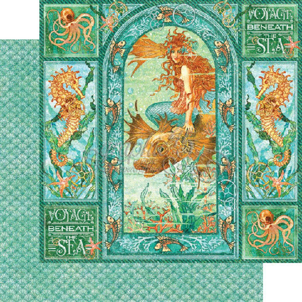 To prepare, begin with the 8x8 sheet of Voyage Beneath the Sea. Fussy cut the arch & mermaid, the left facing seahorse, & the starfish. See steps 11 & 12 to see exactly what I fussy cut.