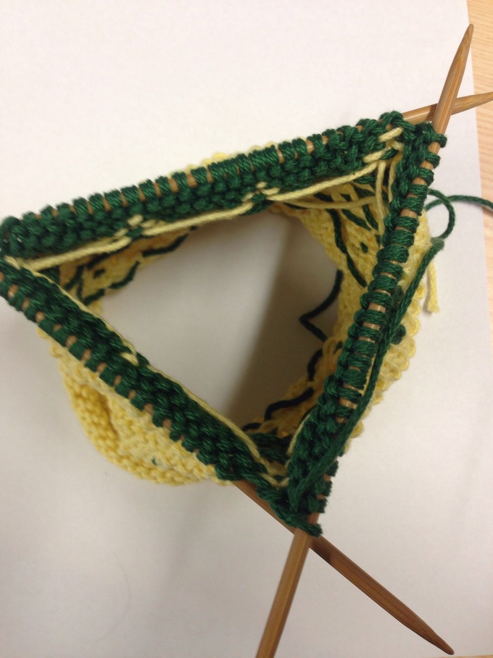 To prepare for the decreases, knit the next row onto 3 double-pointed needles, with 24 stitches on the first, then 18 stitches, then 24.