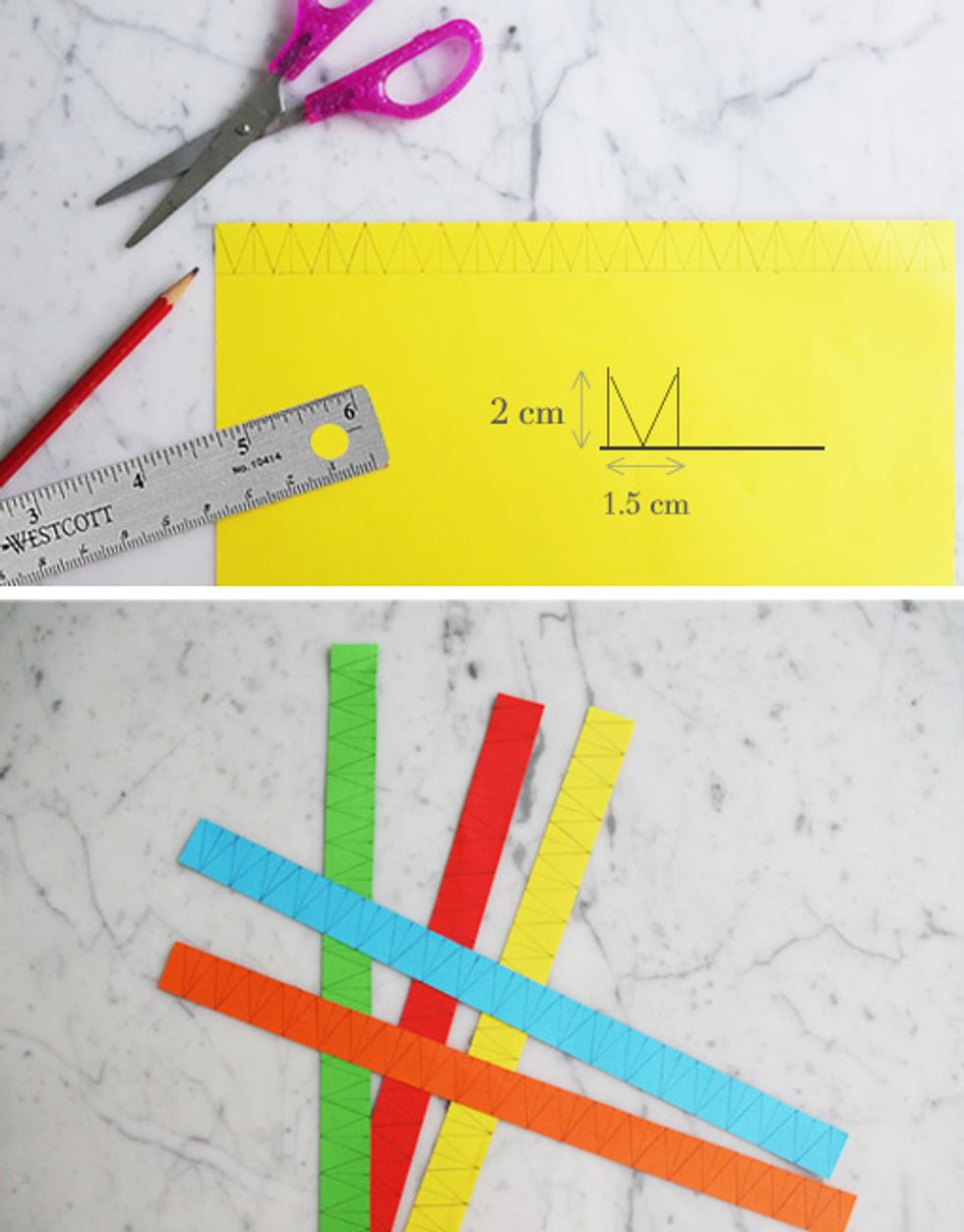 To prepare the bunting flags. On the coloured paper, mark out the size of the flags. I made mine 2cm tall, 1.5 cm wide and the centre point was 0.75cm. Then it was just a process of joining the dots