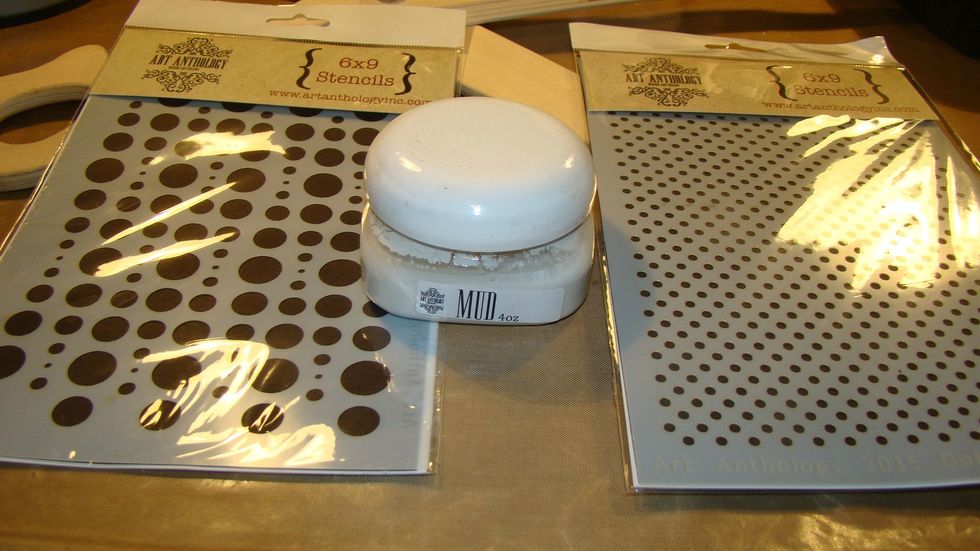 To provide texture I used two different stencils from AA... Bubbles and Dottie and I mixed some inexpensive craft sand with Mud Texture Paste and applied to the stencils.