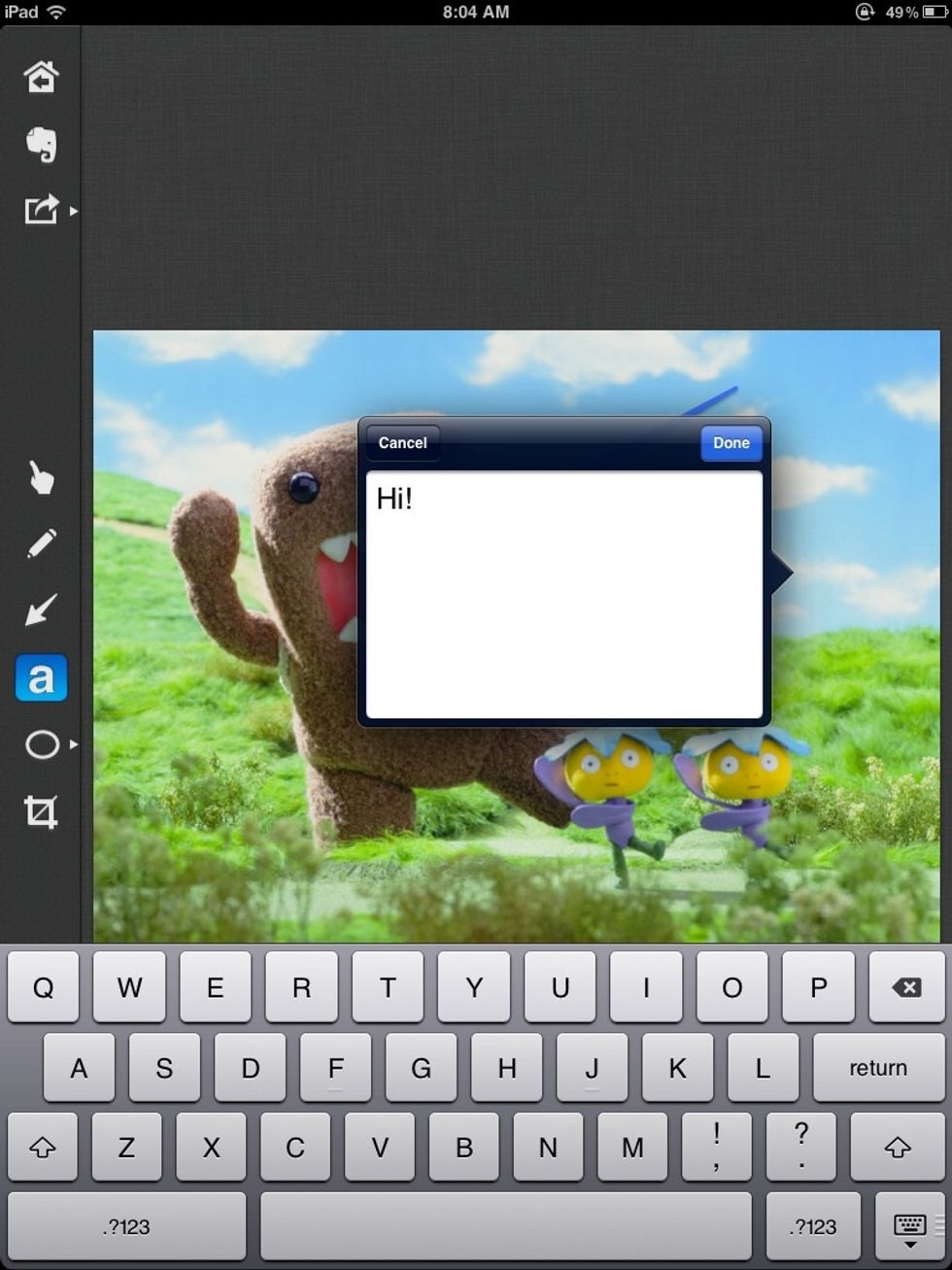 To put text on a photo click on the "a" and click where you want the text and write.