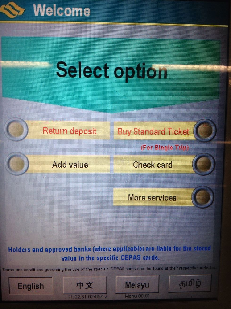 To refund the 1$ deposit, at the end of your journey, go to the General Ticketing Machine and touch "Return deposit"