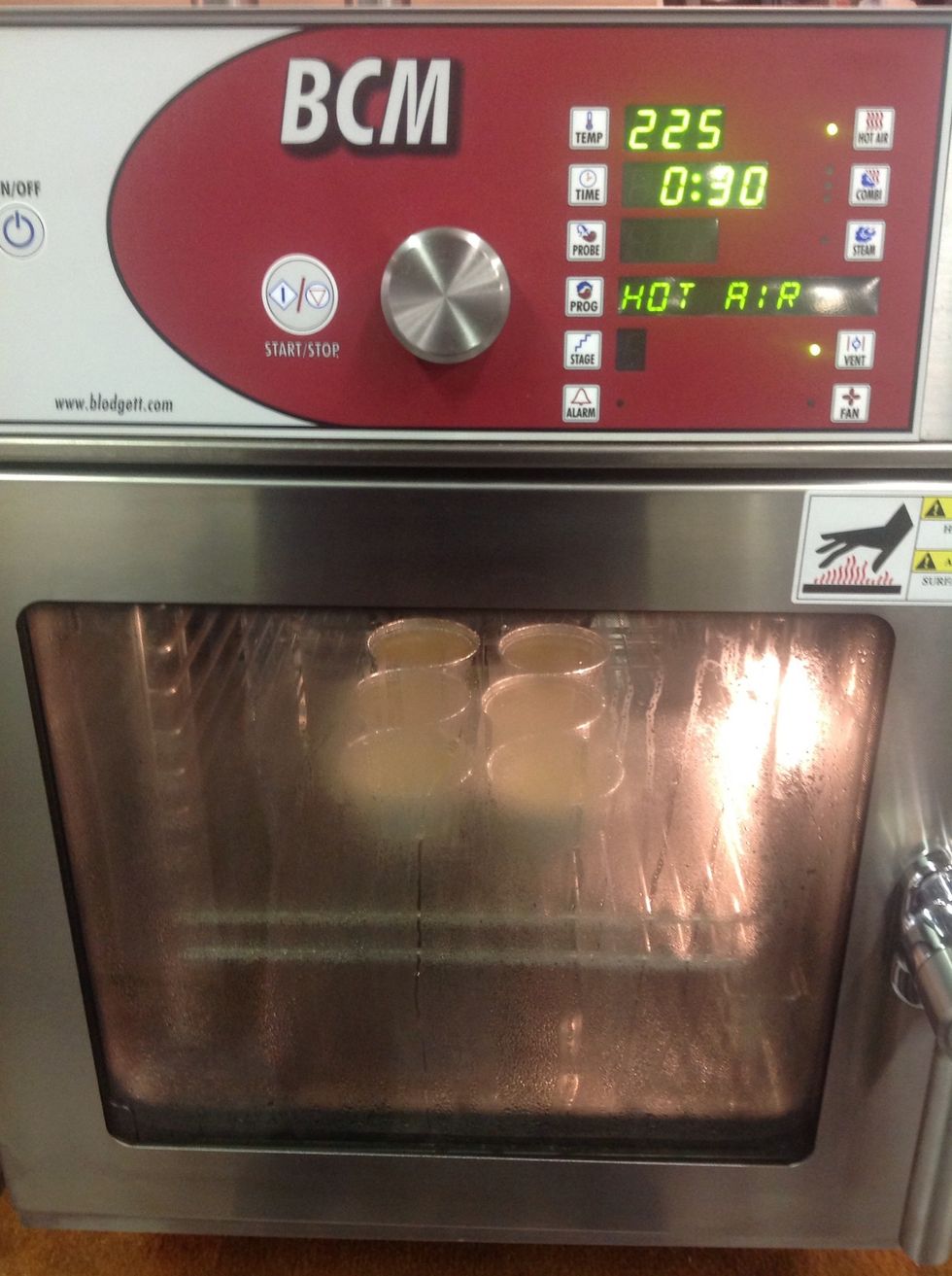 To remove the humidity from the cabinet and any moisture on top of the custard, set the oven to 225F hot air and open the vent. Set timer for 5 minutes.